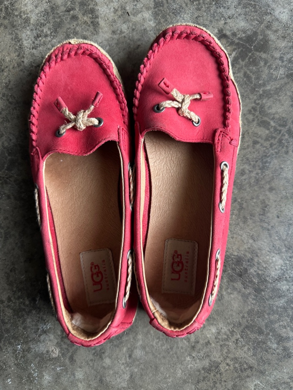 UGG Women’s Coral Pink Suede Moccasin Loafers with Rope Trim